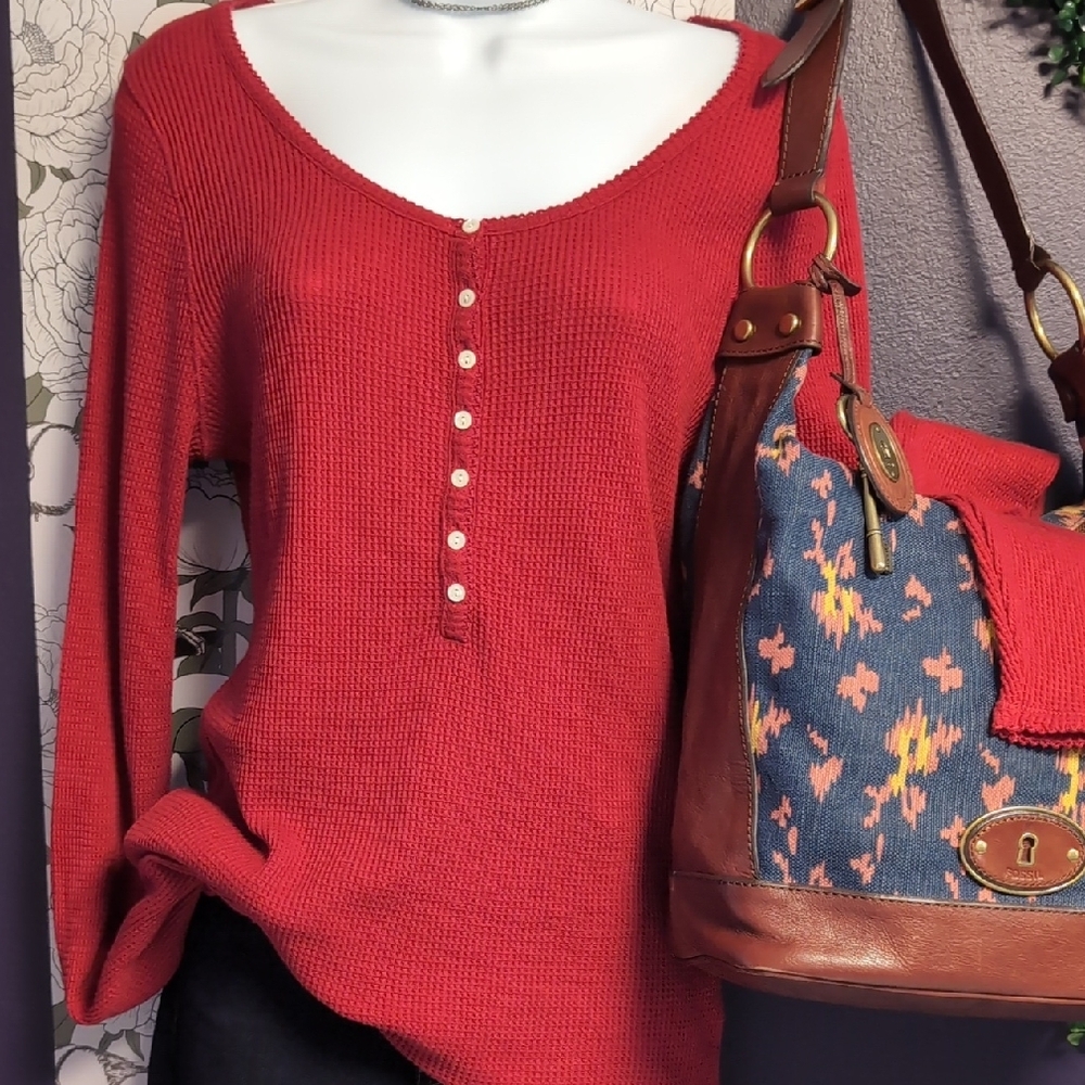 Lucky Brand Red Long Sleeve Henley Top